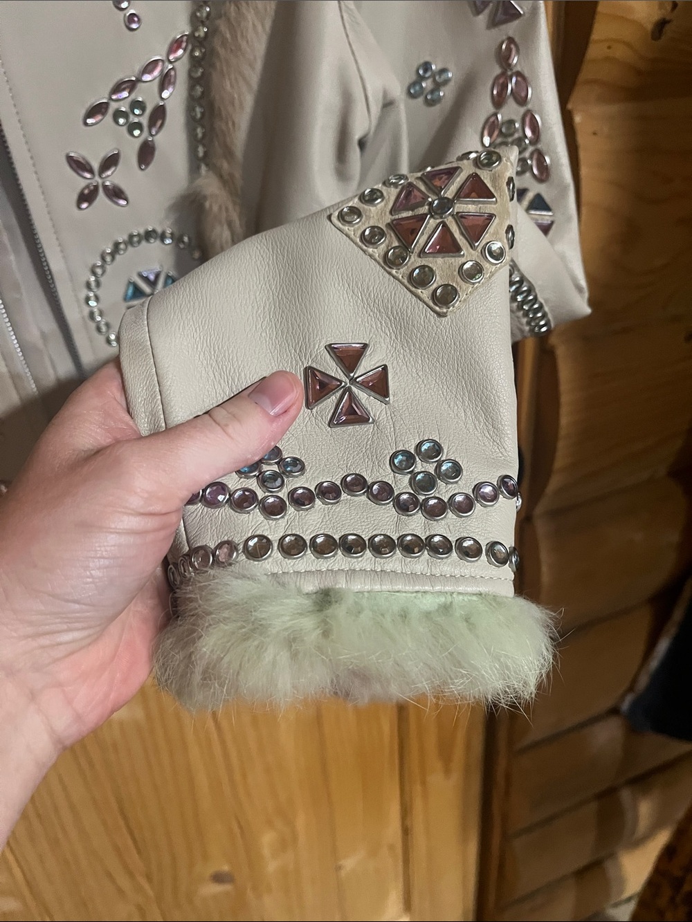 Cripple Creek Jewel Embellished Cream Fur-Trim Leather Jacket - Picture 6 of 10